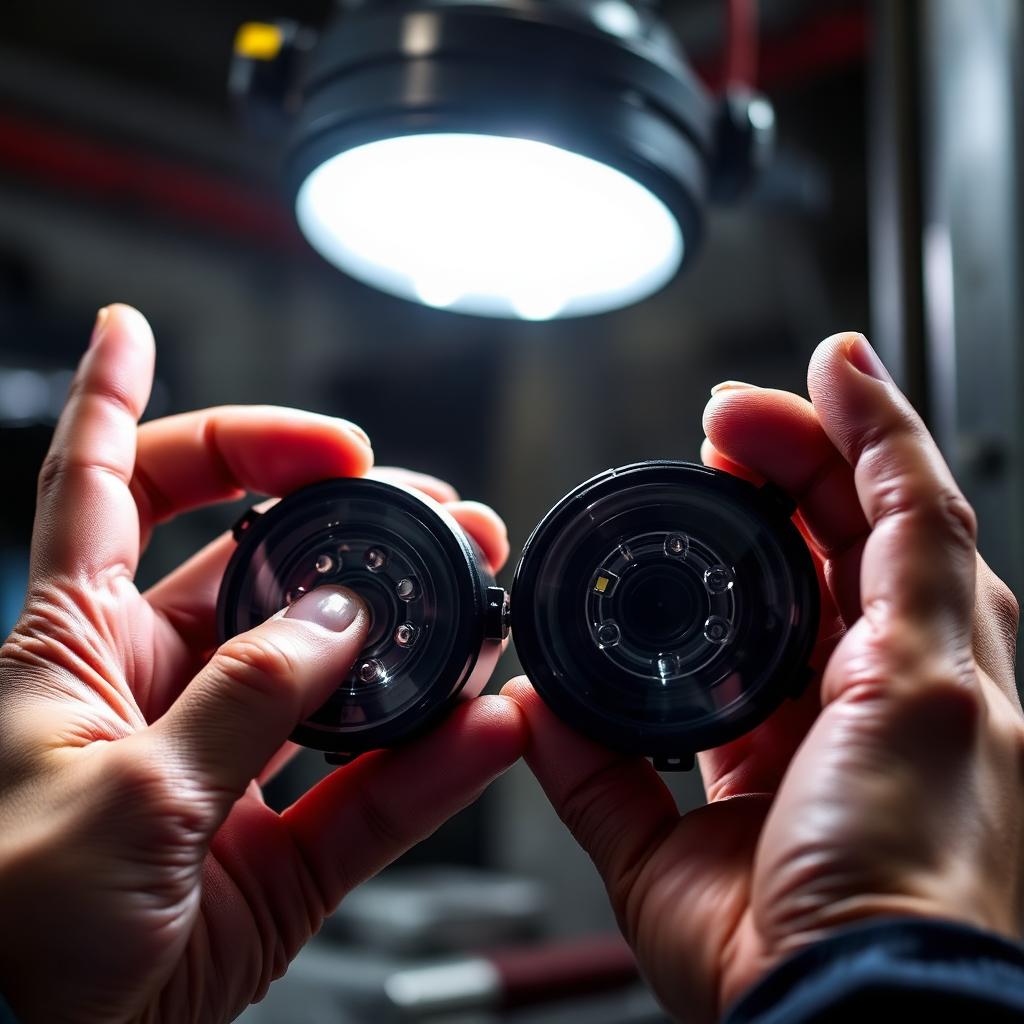 Team member inspecting LED fog lights for quality